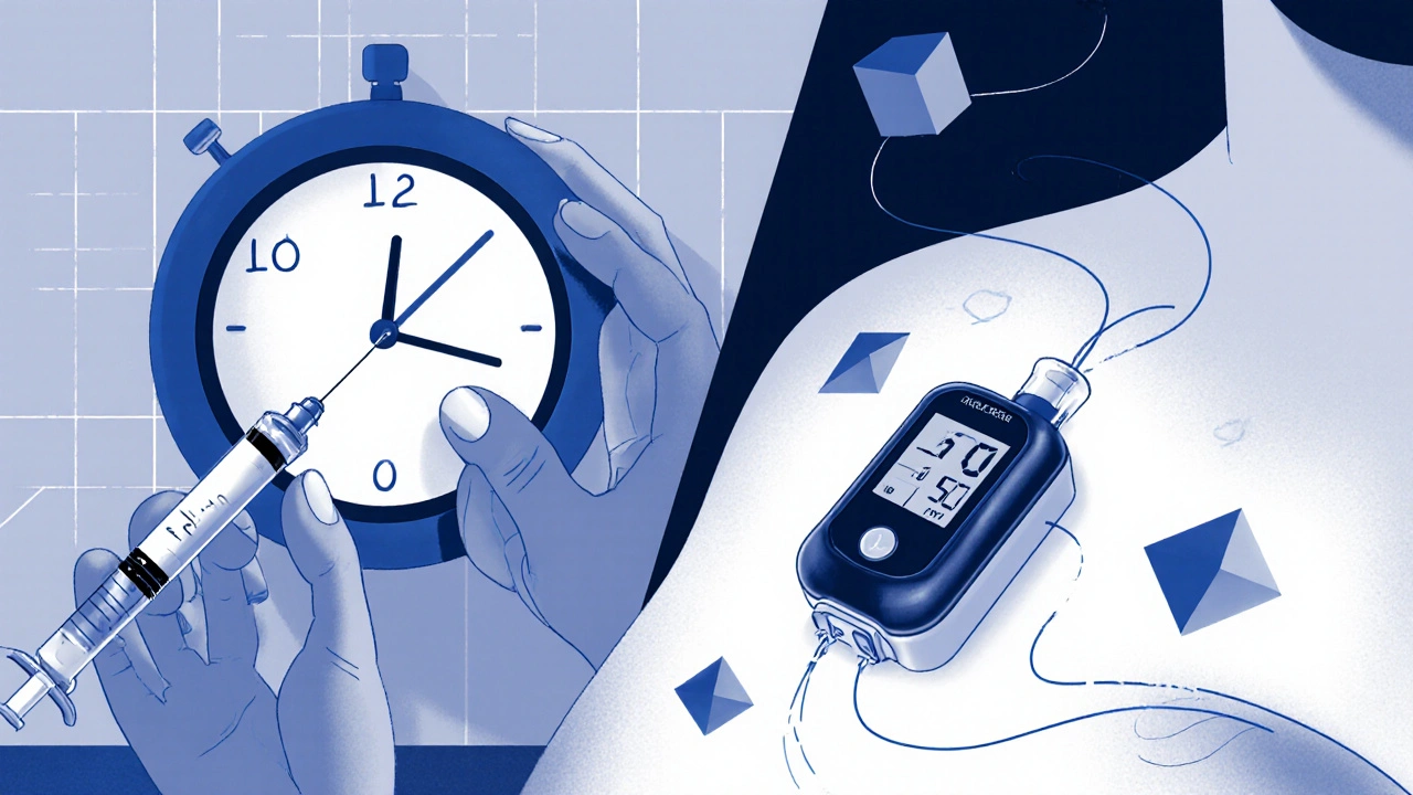 Persona con bomba de insulina y monitor de glucosa en tiempo real, estilo ilustración suiza.
