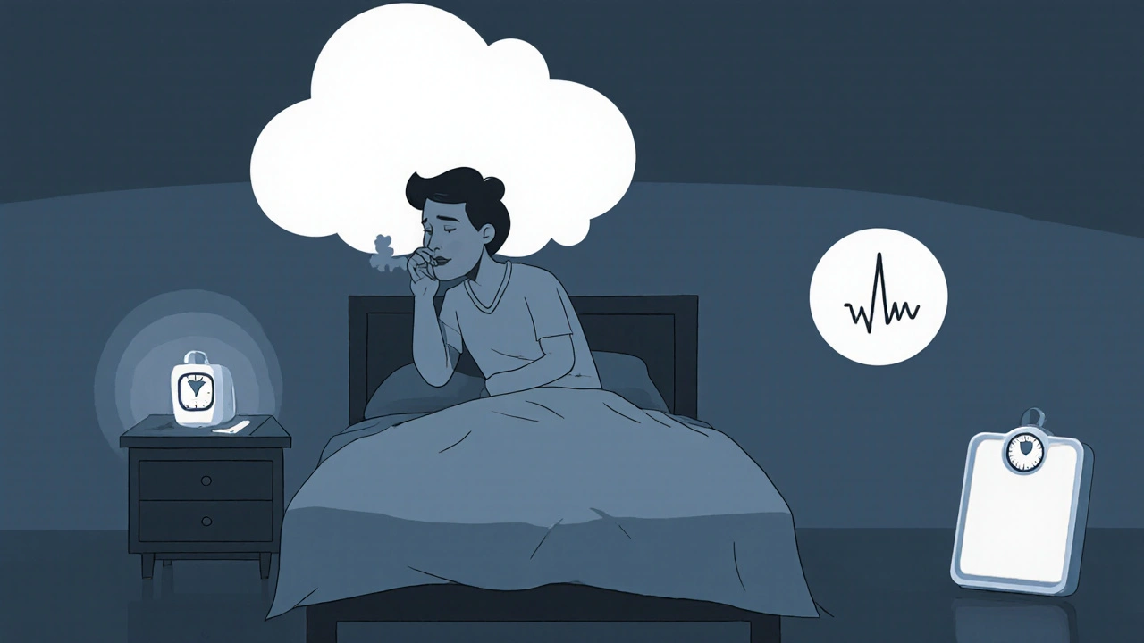 Persona en cama con dificultad para respirar y balanza que muestra aumento de peso.