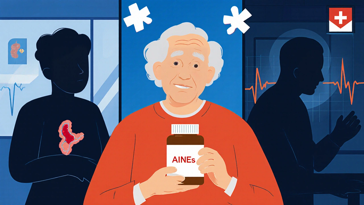 Persona mayor con símbolos de sangrado interno y anemia emergiendo de su cuerpo.