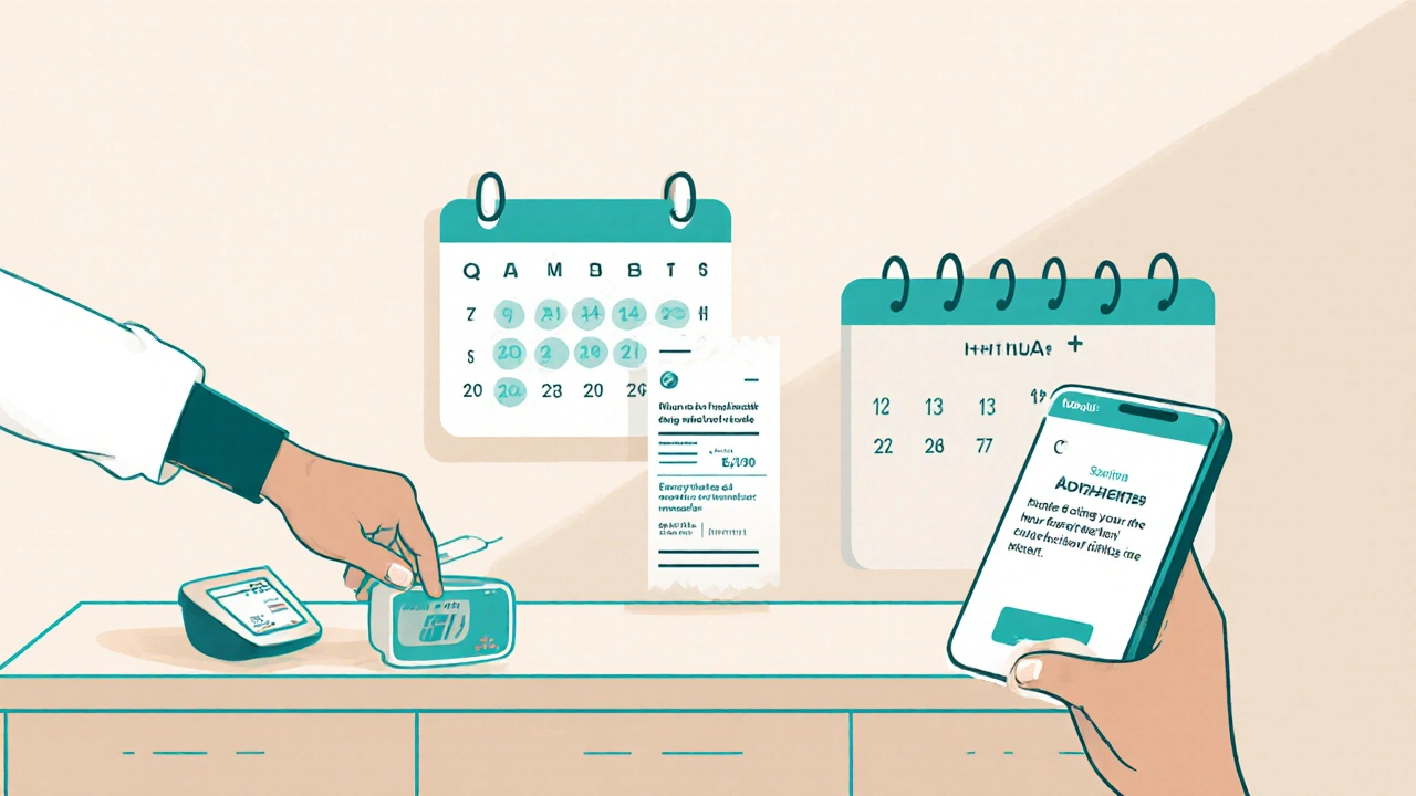 Persona revisando niveles de medicación al regresar a casa con app y receta de farmacia.