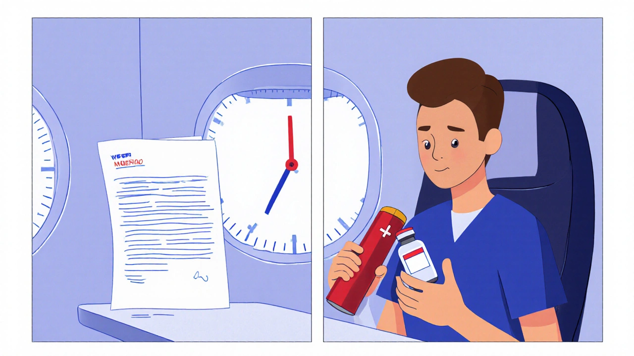 Persona tomando insulina en avión con bolsa térmica y reloj que muestra cambio de zona horaria.