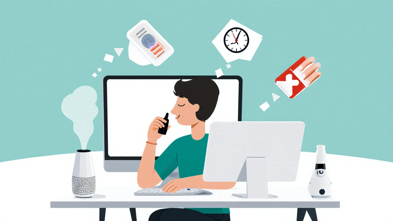 Persona usando computadora con humidificador y gotas para ojos, con iconos de hábitos saludables, estilo suizo.
