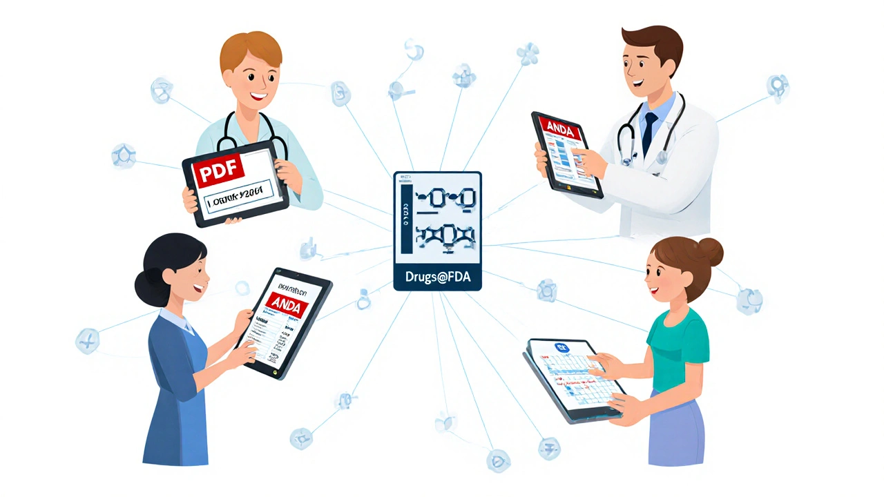 Profesionales y pacientes consultando Drugs@FDA con datos de medicamentos aprobados.