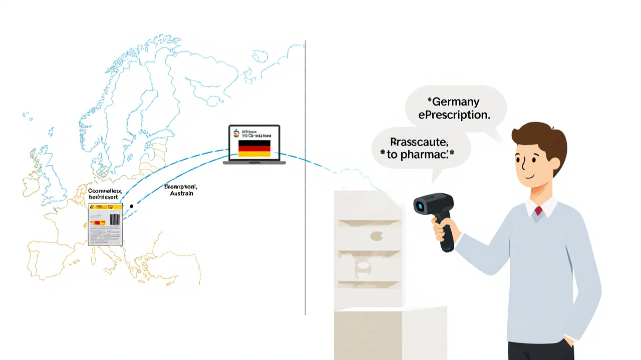 Receta electrónica viaja digitalmente de Alemania a Austria, verificada por un farmacéutico.