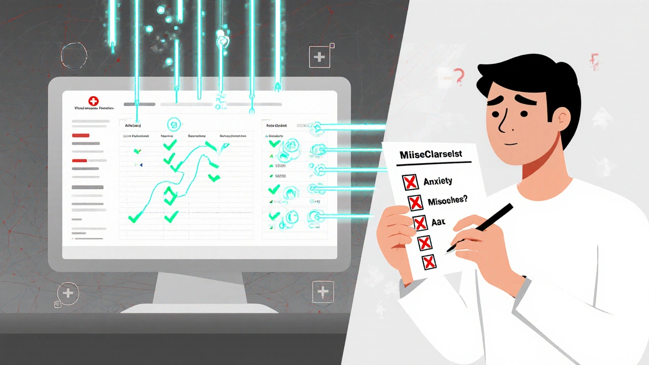 Sistema de IA analizando informes de eventos adversos, con un profesional revisando clasificaciones incorrectas en un entorno moderno.