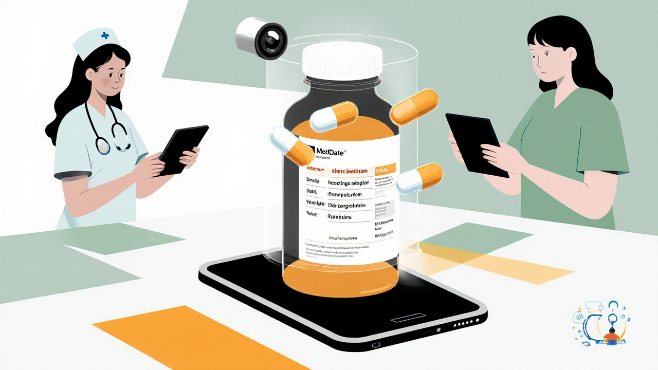 Teléfono escaneando una pastilla que proyecta información médica aprobada por la FDA en el aire.