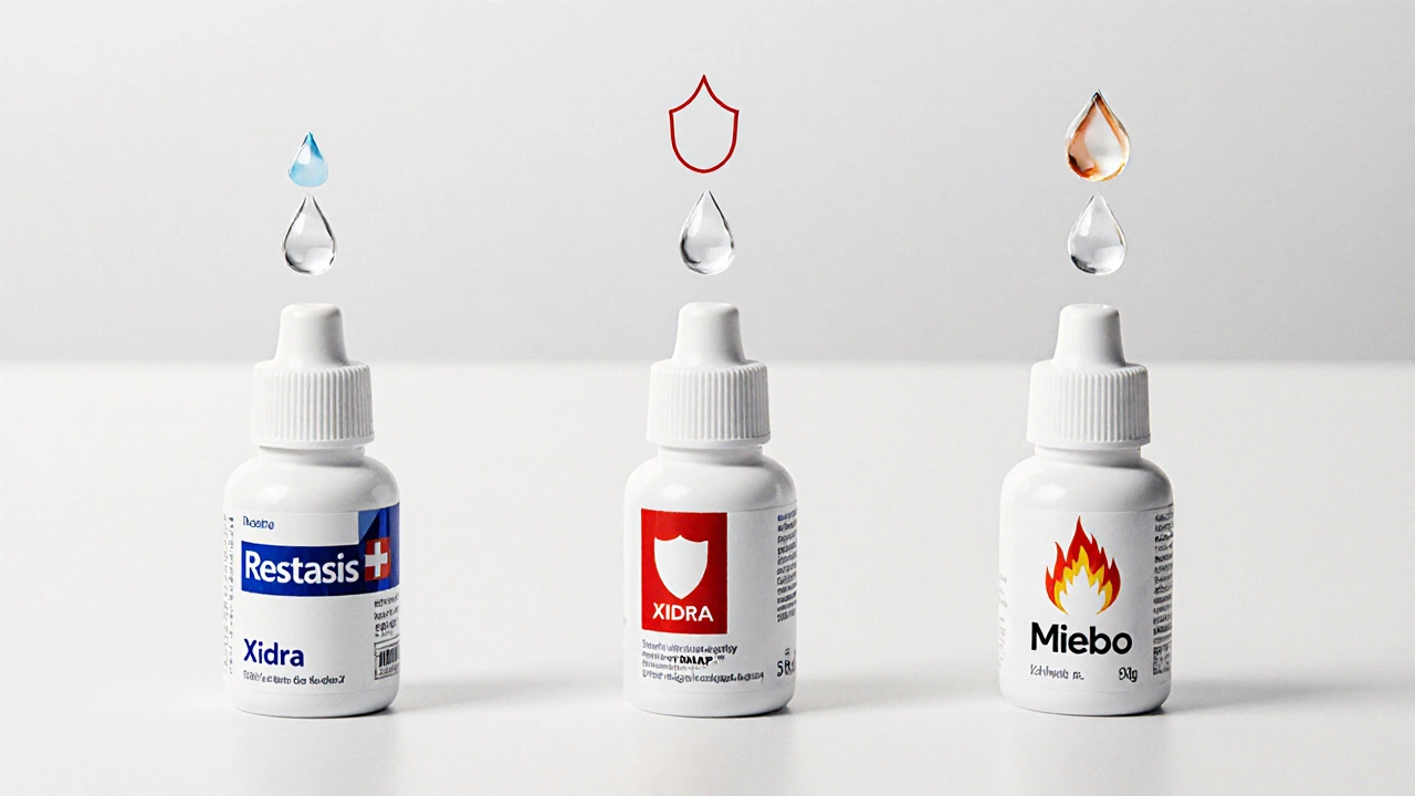 Tres gotas para ojo seco representadas como botellas con símbolos abstractos, estilo ilustración suiza.