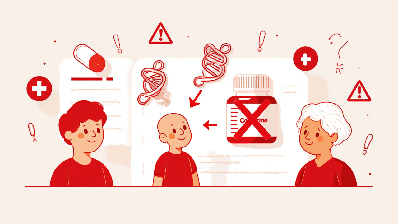 Tres pacientes con hélices de ADN; solo la del niño tiene una X roja sobre una píldora de codeína.