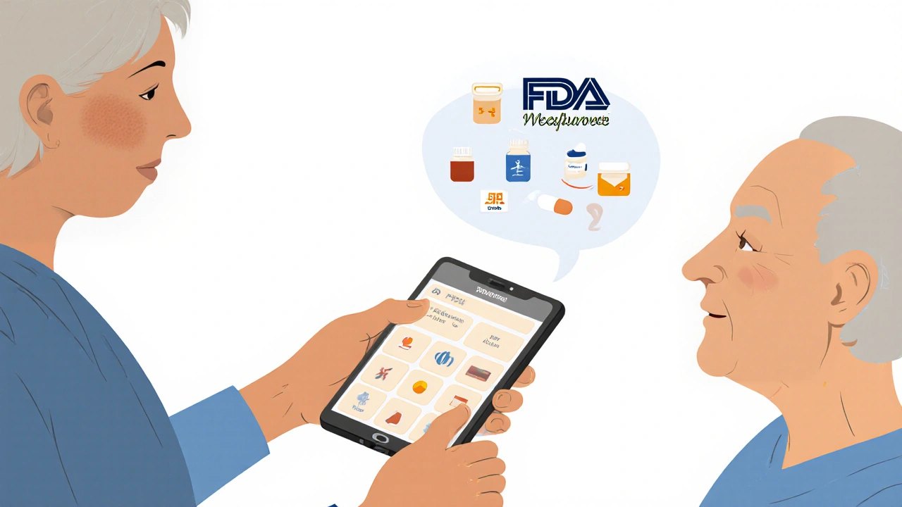 Una persona mayor con una app simplificada para medicamentos, acompañada por un familiar que la ayuda.