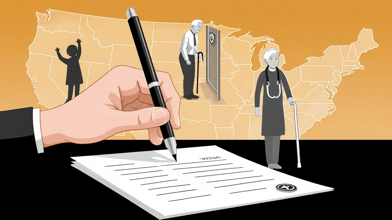 Una pluma sobre un formulario de reporte con caminos simbólicos hacia niños, adultos mayores y colegas.