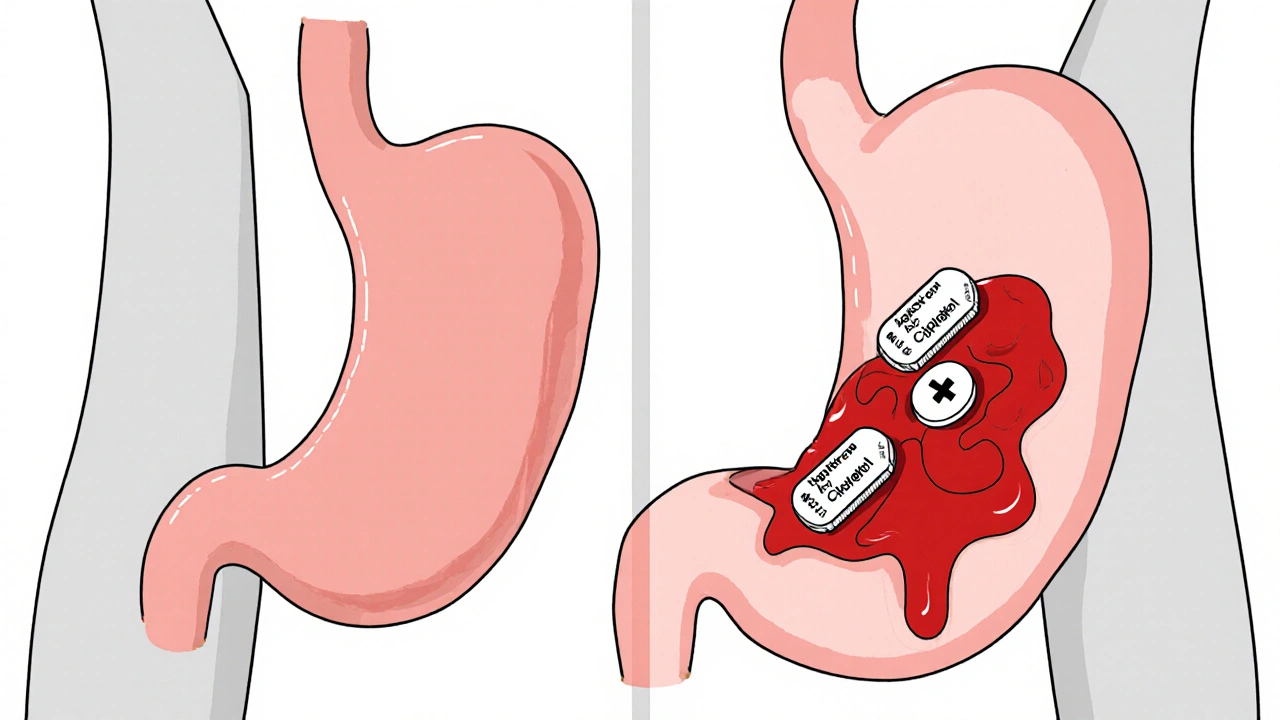 Vista dividida del estómago: sano vs. dañado por combinación de medicamentos.