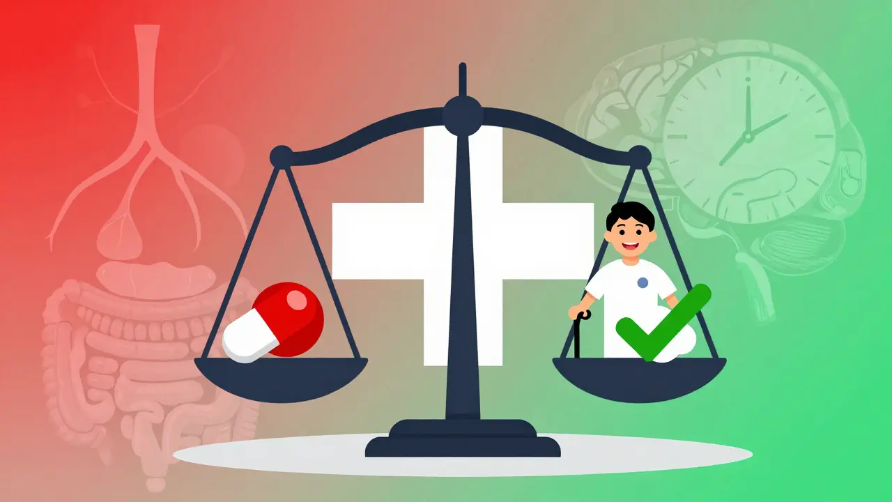 Balanza entre opioides y bienestar del paciente, con iconos abstractos de riesgo y seguridad en estilo suizo.