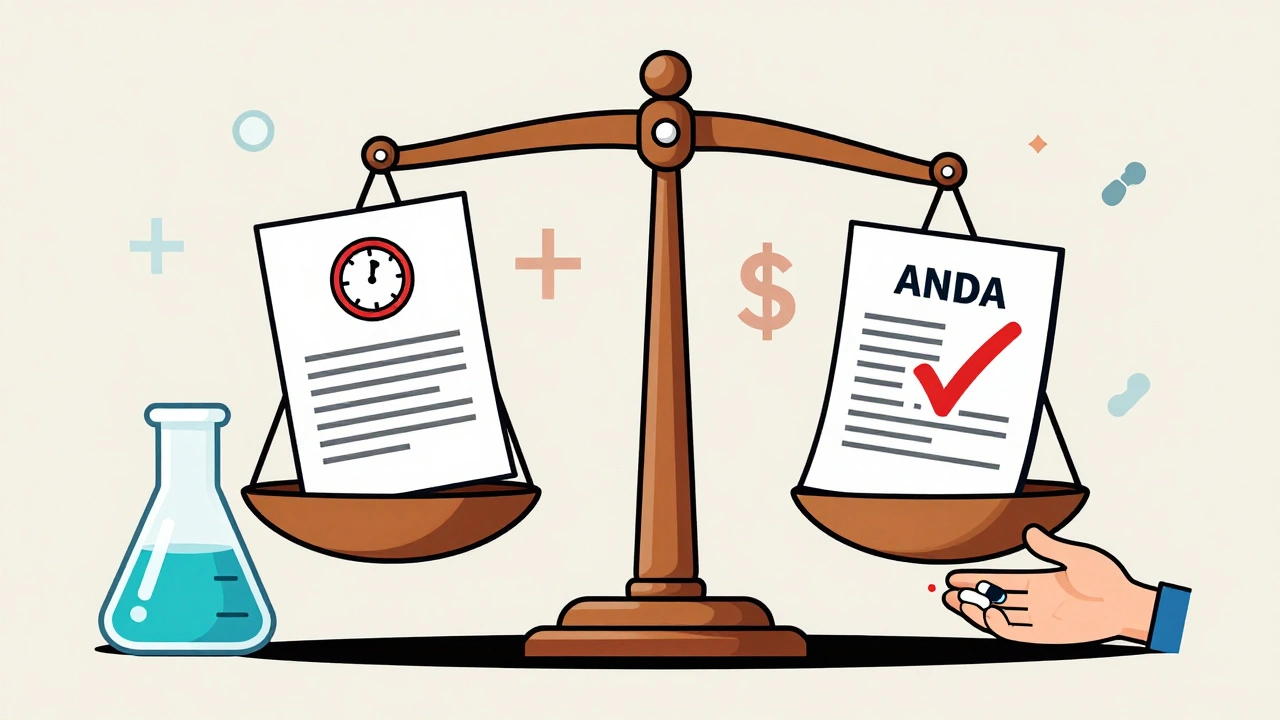 Balanza simbólica que representa el equilibrio entre patentes y acceso a medicamentos genéricos tras la ley Hatch-Waxman.