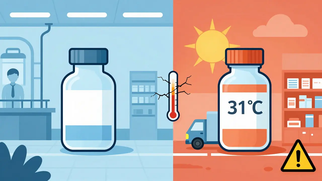 Botella de medicamento en condiciones ideales vs. expuesta al calor y la humedad en transporte y almacenamiento.