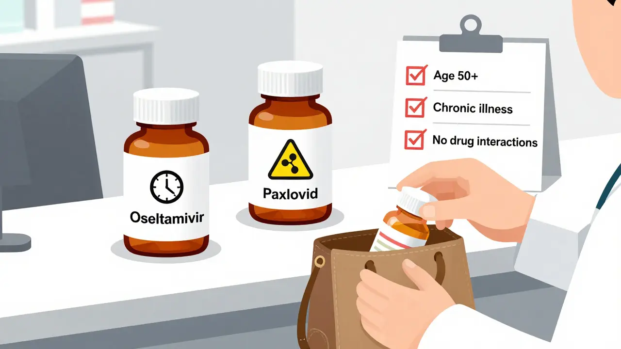 Botellas de antivirales para gripe y COVID-19 con iconos de tiempo y advertencias.