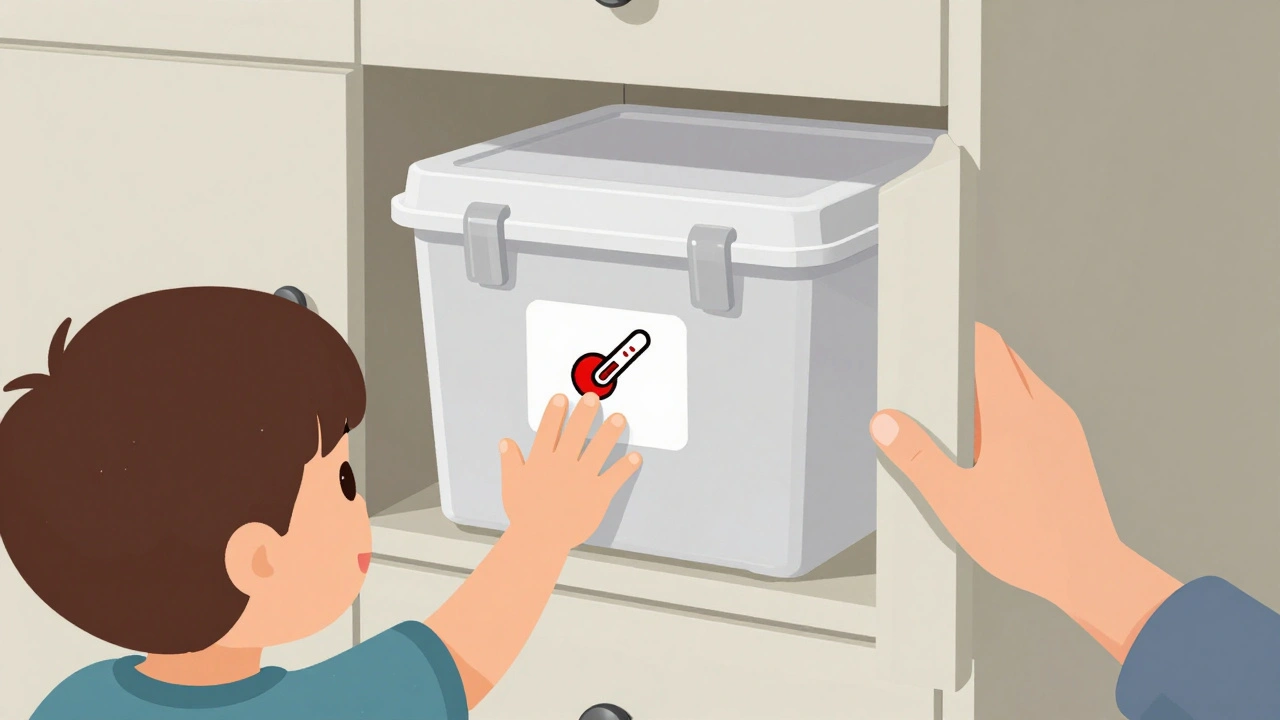 Caja cerrada con llave en un armario alto, evitando que un niño la alcance.