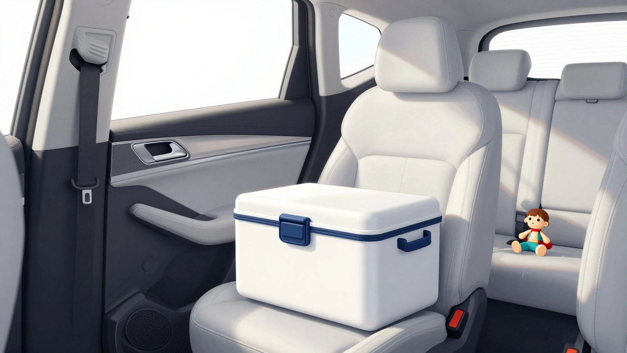 Caja térmica de medicamentos en el asiento delantero de un coche, protegida del calor.