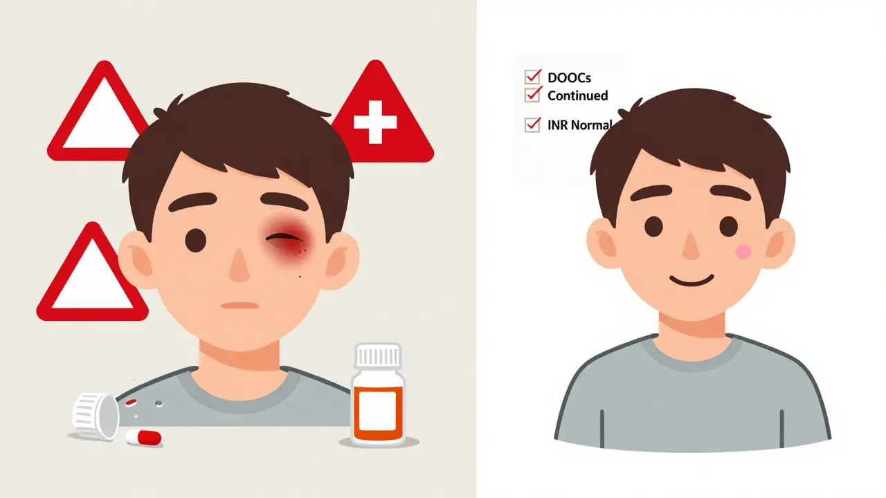 Comparación visual de complicaciones por suspender anticoagulantes vs. continuarlos, con iconos y diseño minimalista suizo.