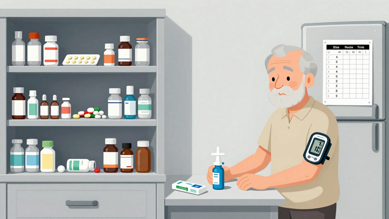 Comparación visual entre medicación riesgosa y rutina segura para ancianos con diabetes, sin texto.