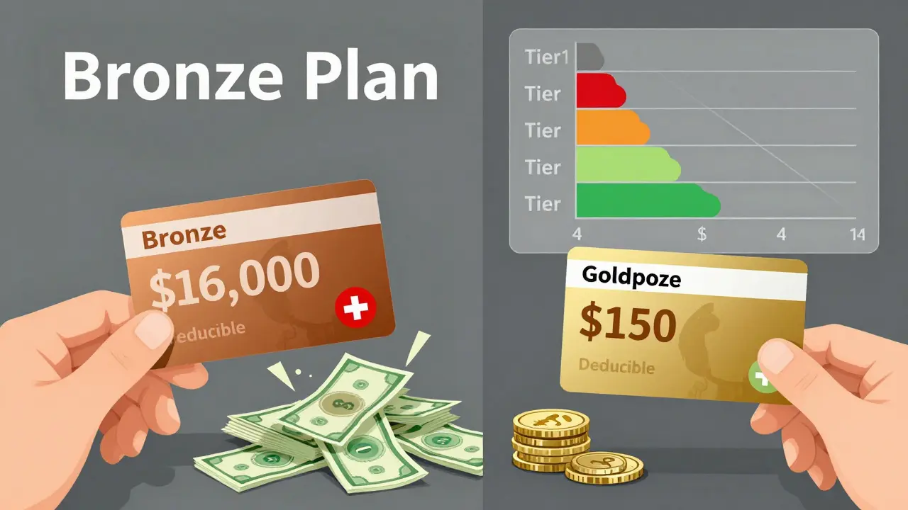Comparación visual entre plan Bronze y Gold con deducibles y costos de medicamentos.