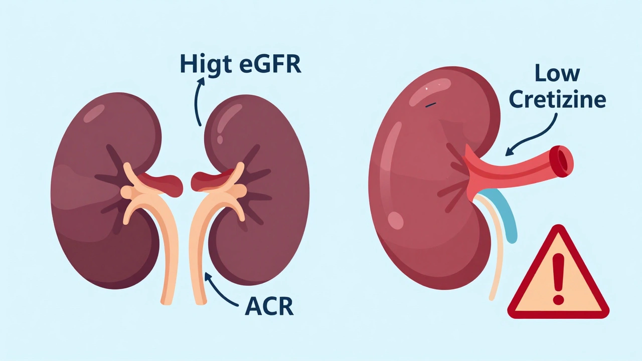 Comparación visual entre riñón sano y dañado con símbolos de función y alerta.