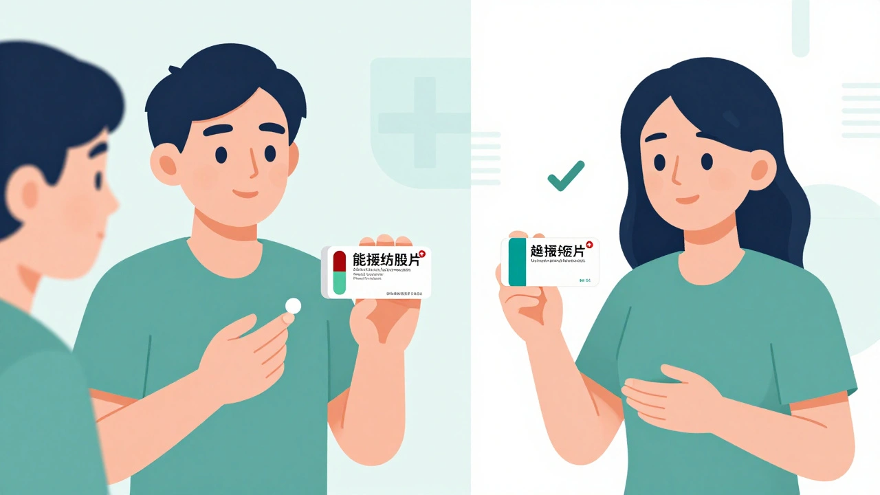 Comparación visual entre un genérico tradicional y un genérico autorizado, con símbolo de verificación sobre la versión idéntica.