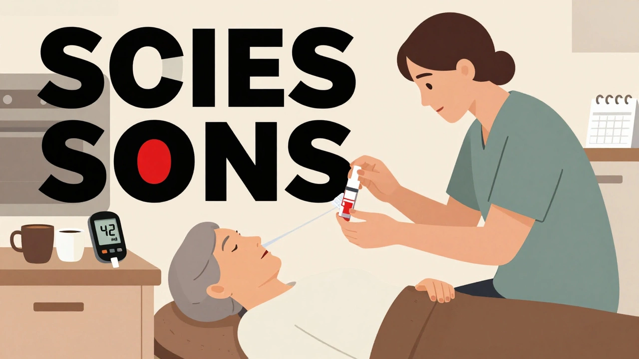 Cuidador aplica glucagón nasal a una persona mayor inconsciente en la cocina, con monitor de glucosa visible.