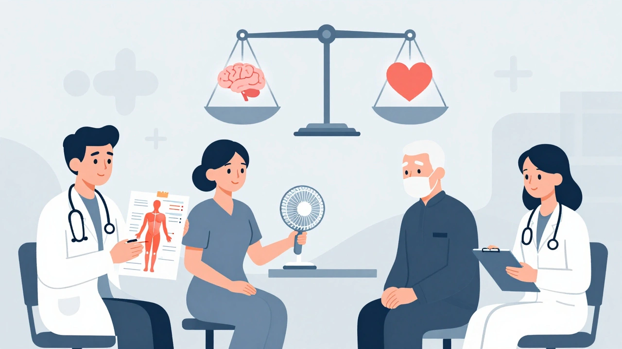 Equipo de cuidados paliativos usando un mapa corporal y ventilador manual, con escalas que representan equilibrio entre medicación y conciencia.