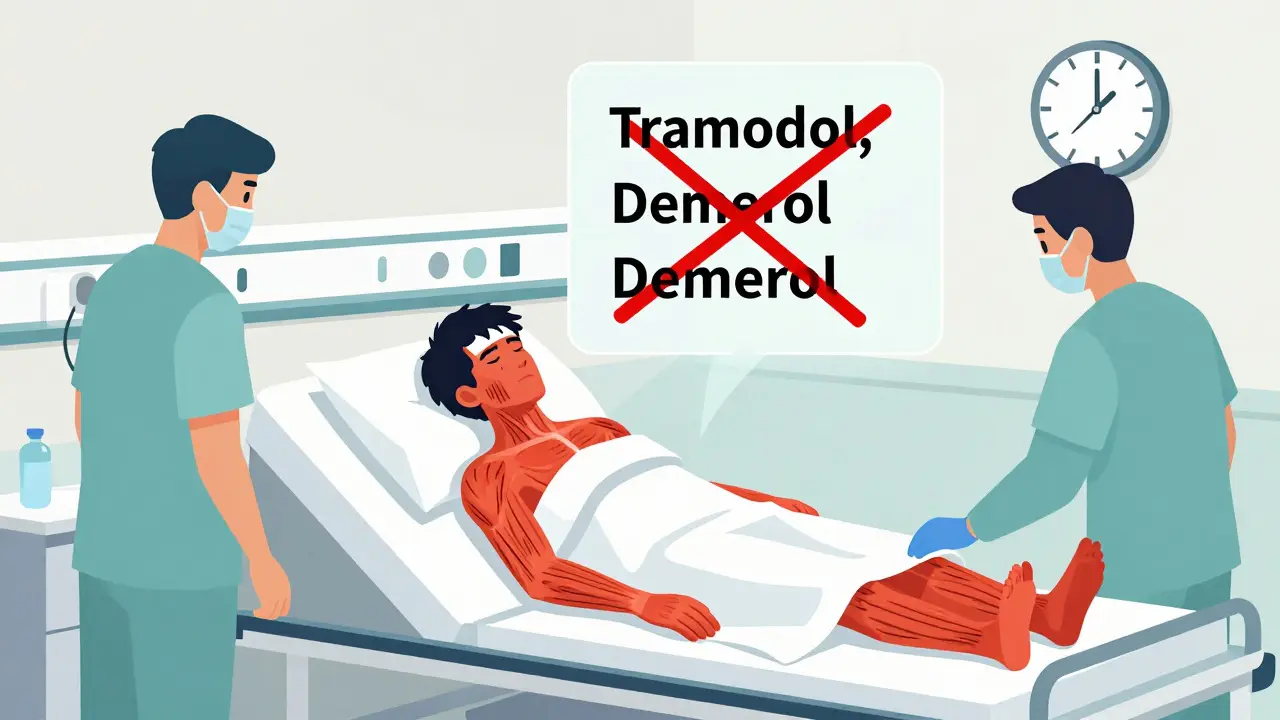 Escena de emergencia médica con paciente en crisis por síndrome serotonínico y personal tratándolo.