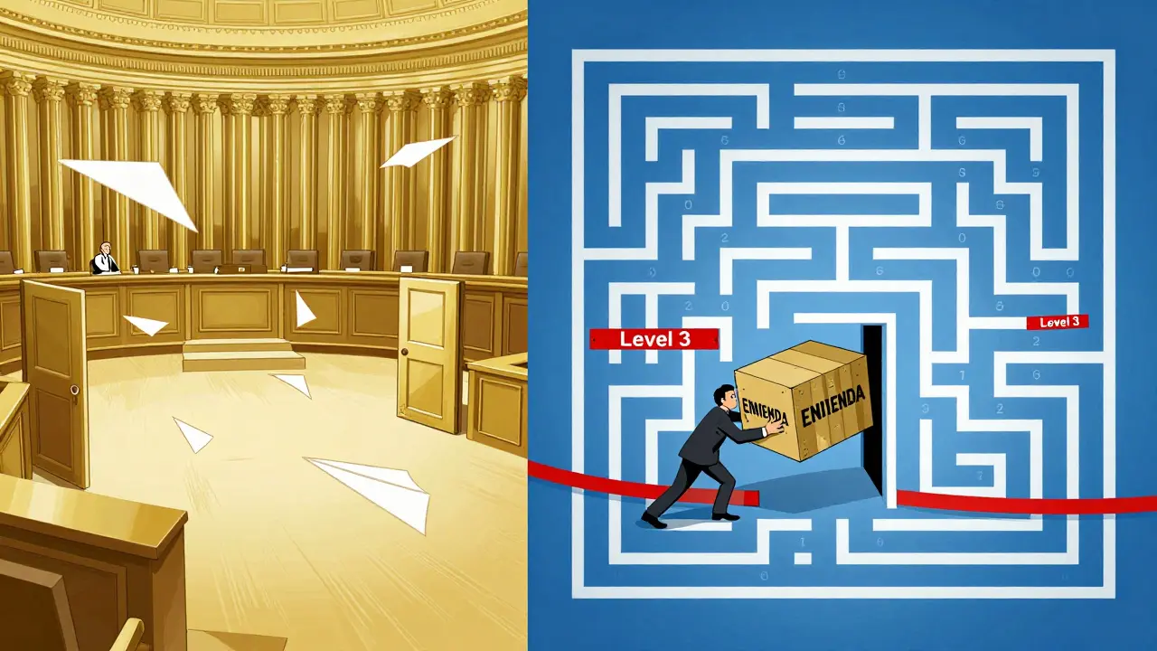 Escena dividida: Senado fluido a la izquierda, Cámara rígida y bloqueada a la derecha, con una enmienda atrapada.