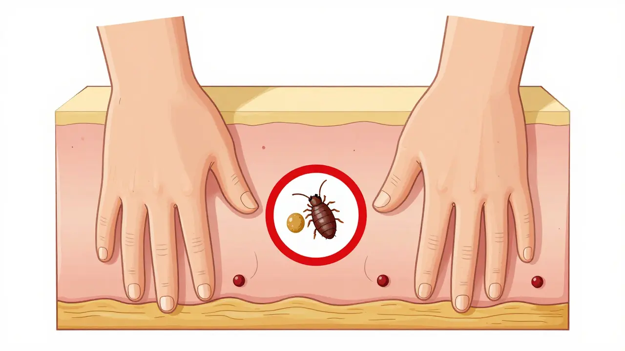 Esquema de piel humana con túneles de sarna entre los dedos y muñecas, ilustrado con líneas finas.