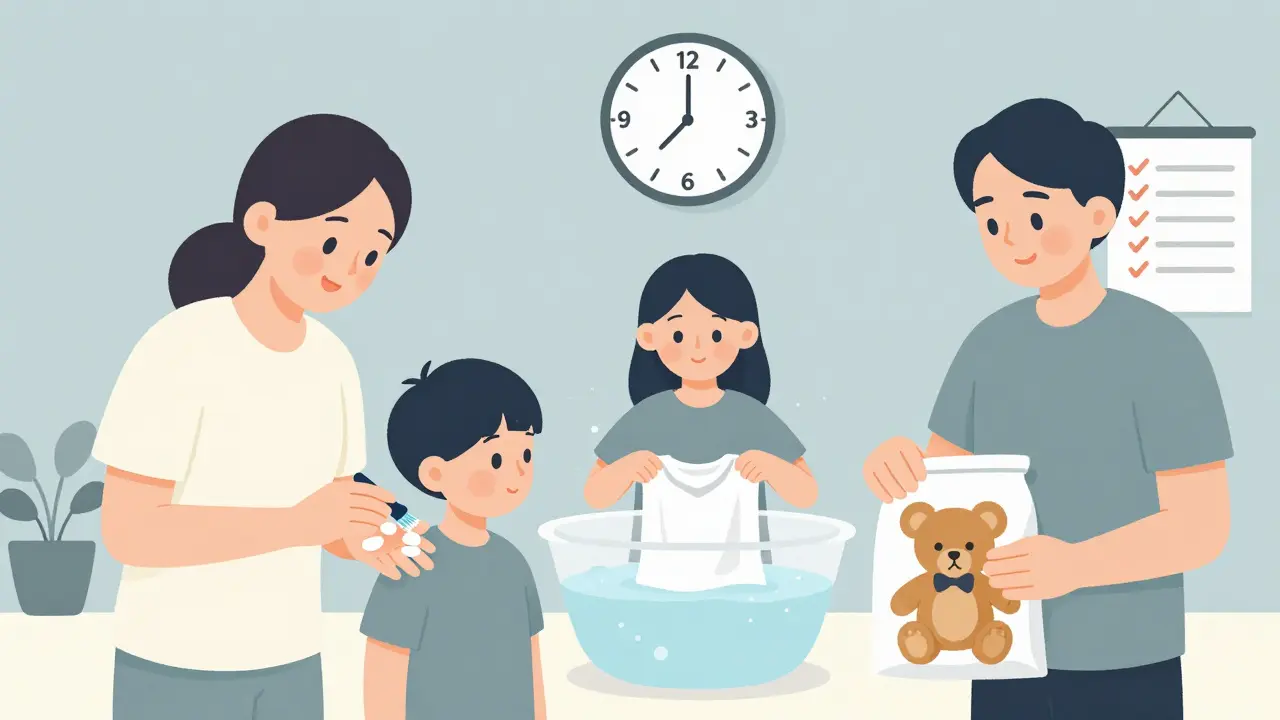 Familia aplicando tratamiento contra sarna y piojos, lavando ropa y guardando objetos en bolsas herméticas.