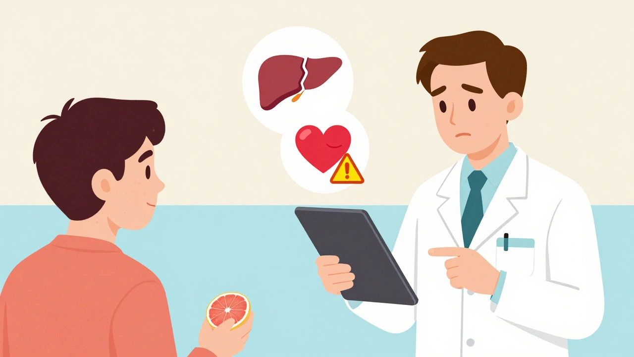 Farmacéutico revisa interacciones de medicamentos mientras paciente sostiene pomelo.