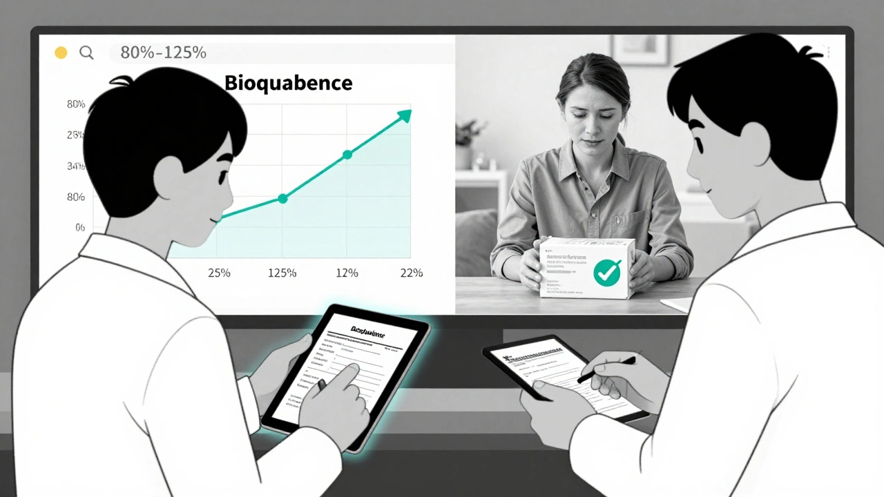 Farmacéuticos verifican recetas con gráficos de bioequivalencia y paciente recibiendo medicamento en casa.