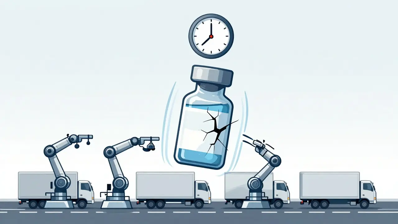 Frasco de biosimilar en transporte con grietas por calor y vibraciones, reloj marcando el tiempo.