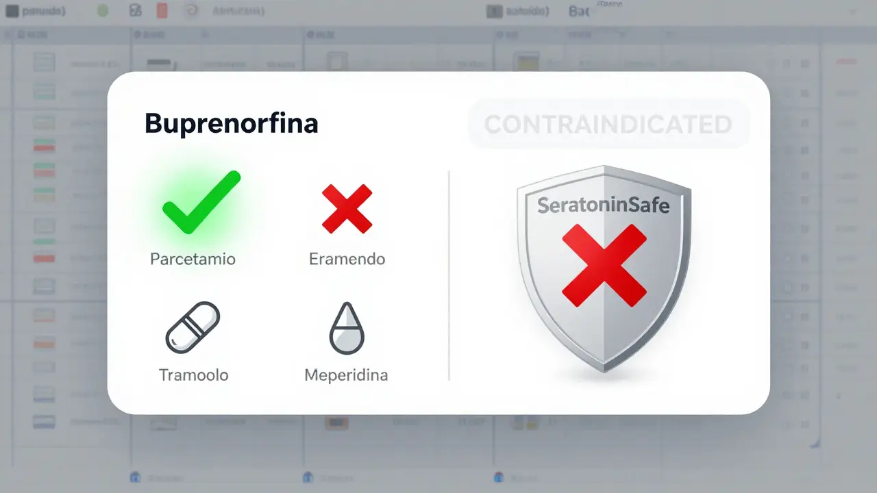 Interfaz digital que muestra medicamentos seguros con check verde y peligrosos con X roja bloqueadas.