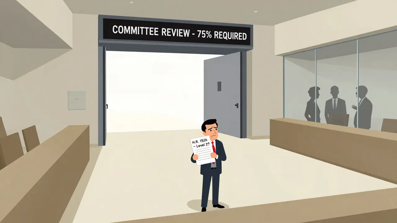 Legislador aislado frente a una puerta digital cerrada que bloquea su enmienda, en un salón vacío.