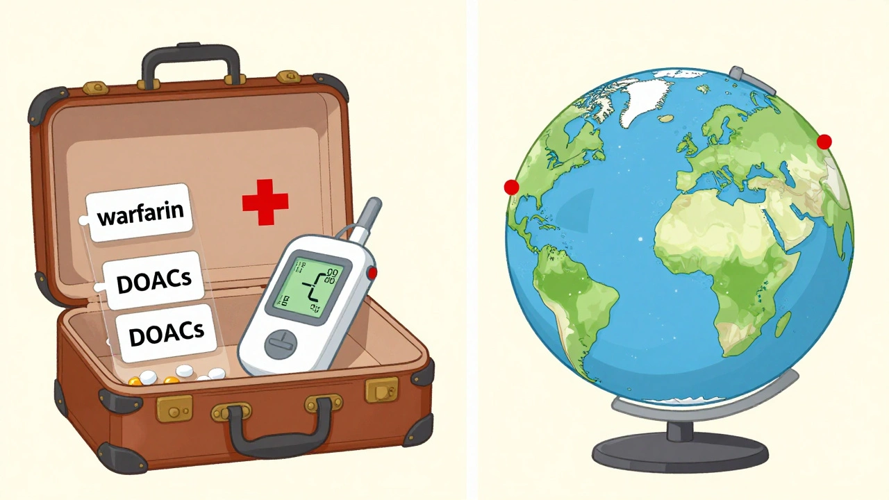 Maleta con medicamentos anticoagulantes y mapa global que muestra países con escaso acceso a DOACs.