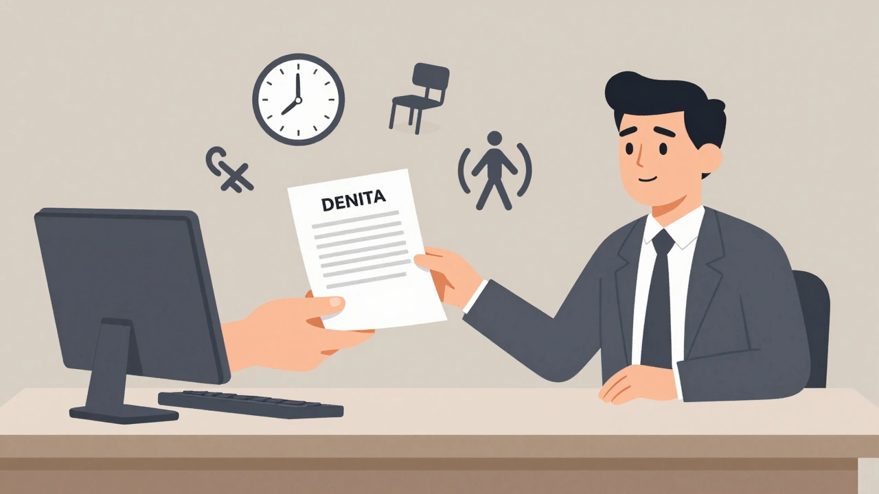 Mano entregando carta médica a un jefe, con iconos de acomodaciones laborales.