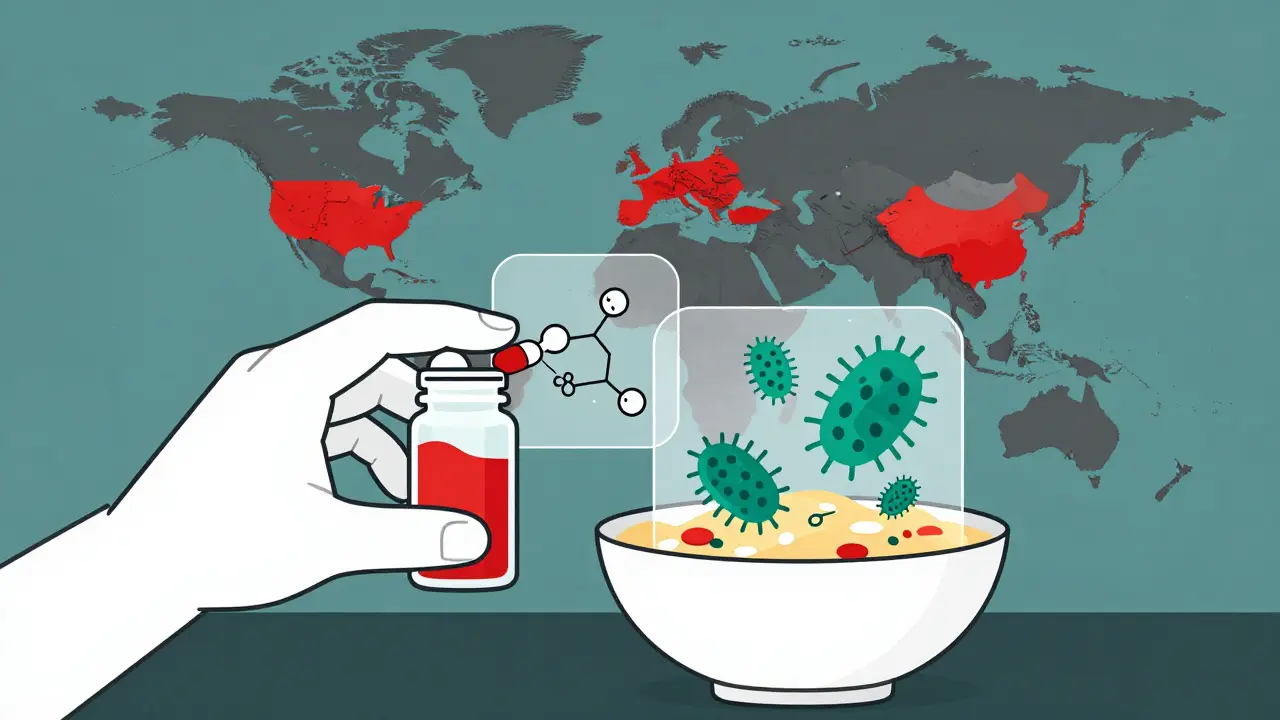 Mano sosteniendo medicamento y comida con representaciones visuales de degradación y mapas de riesgo climático.