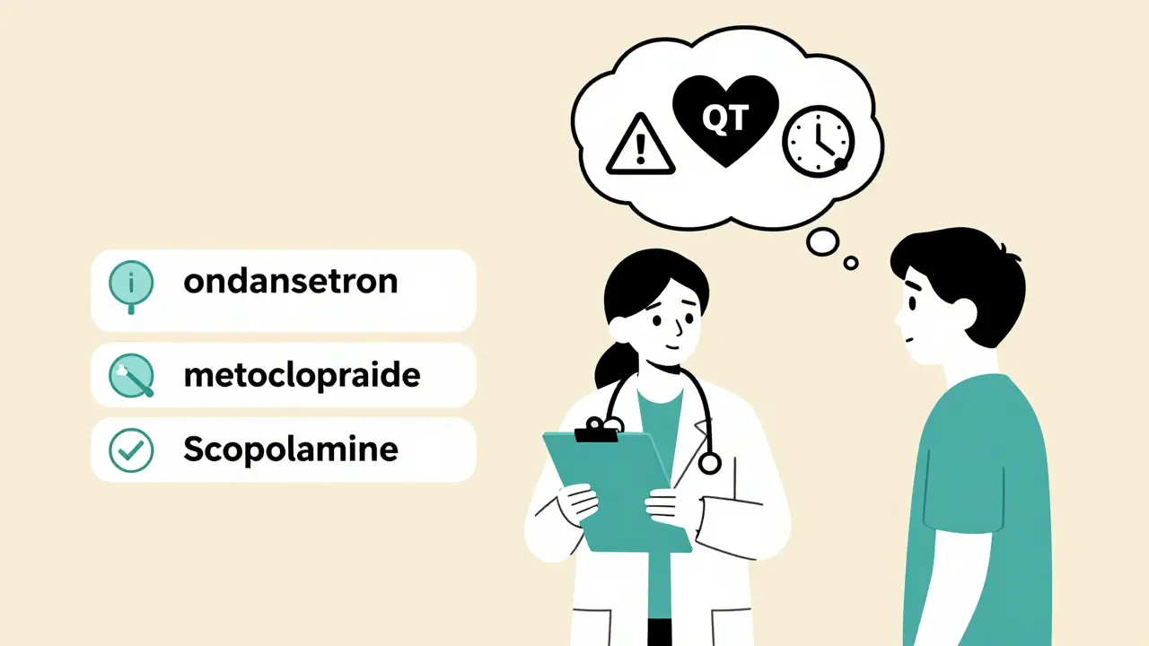 Médico con opciones de antieméticos y símbolos de riesgo y tolerancia, diseño minimalista en estilo suizo.