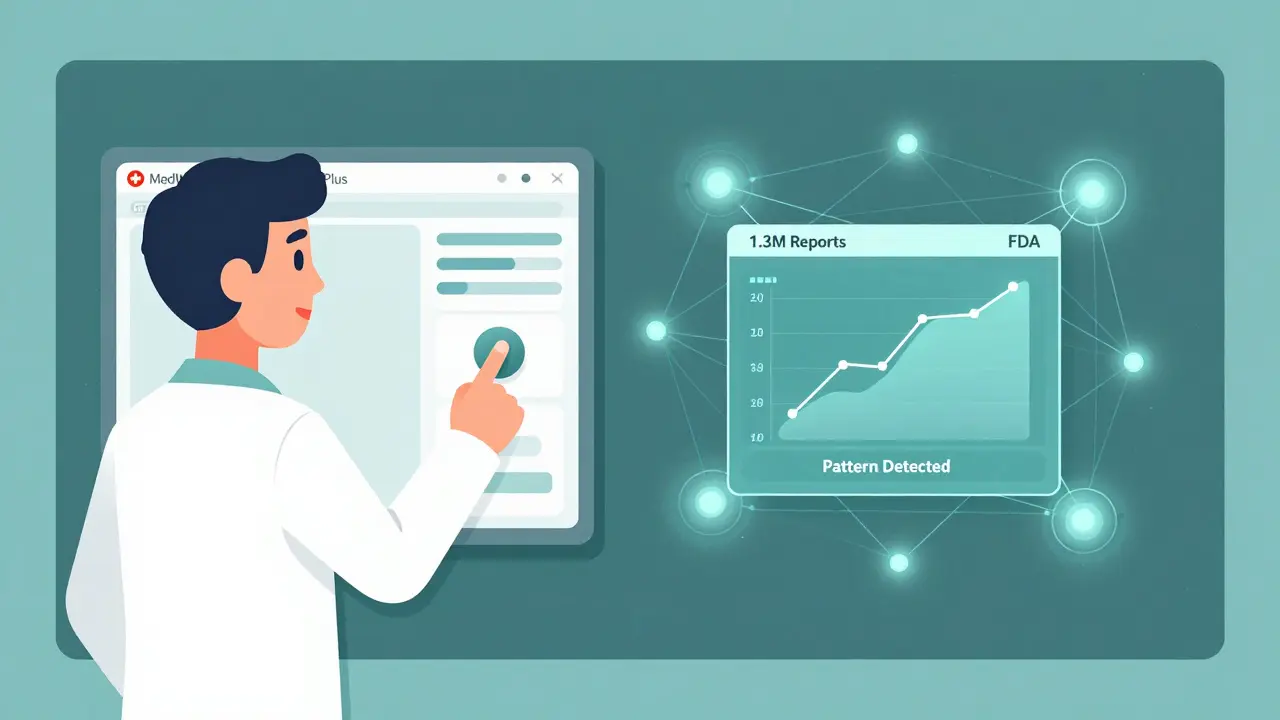 Médico reporta reacción adversa con un clic en sistema electrónico, con datos fluyendo hacia la FDA.
