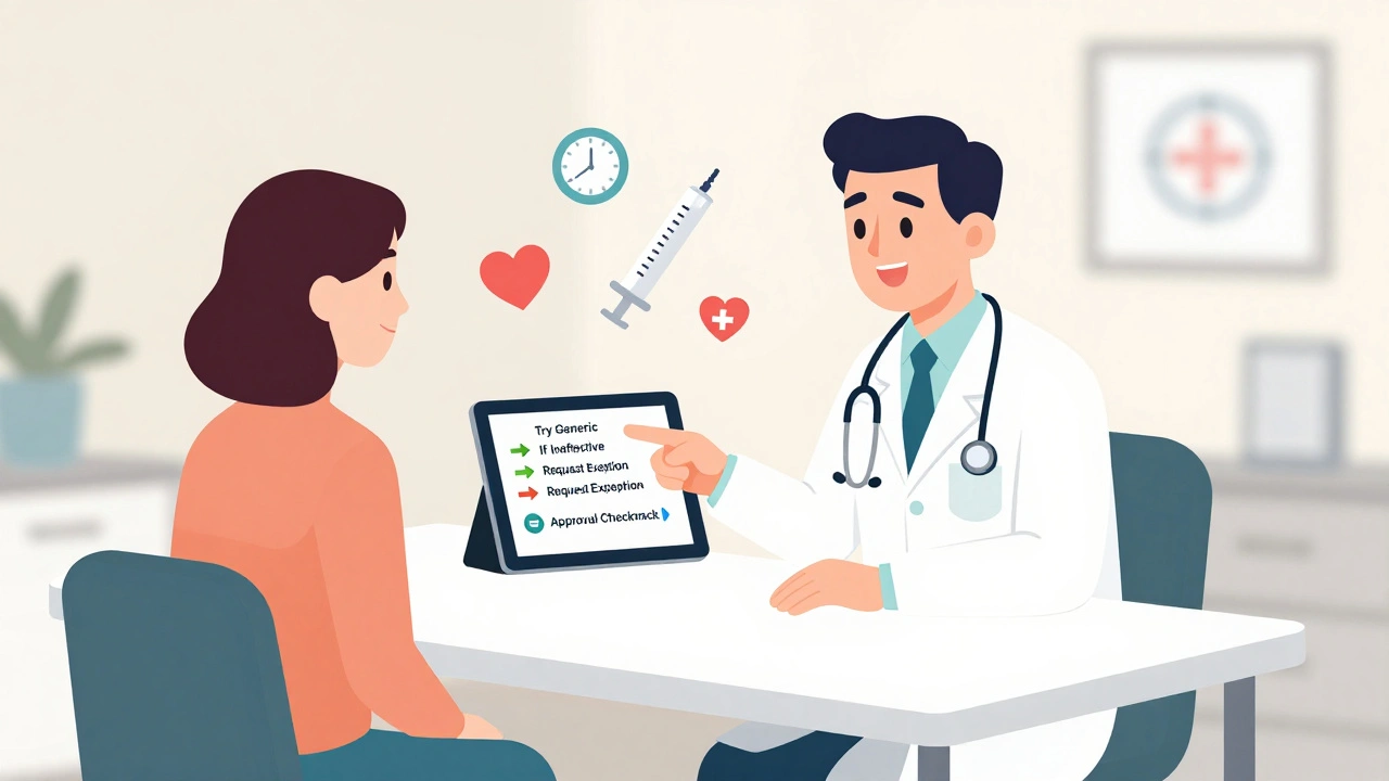 Médico y paciente revisando un flujo de terapia por pasos en una tablet, con iconos médicos y un reloj.