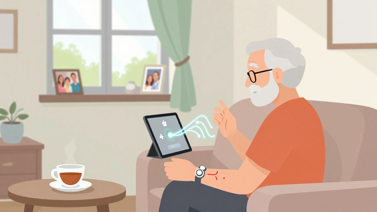 Paciente en casa rural conectado por videoconferencia con un especialista, mientras un sensor transmite datos vitales.