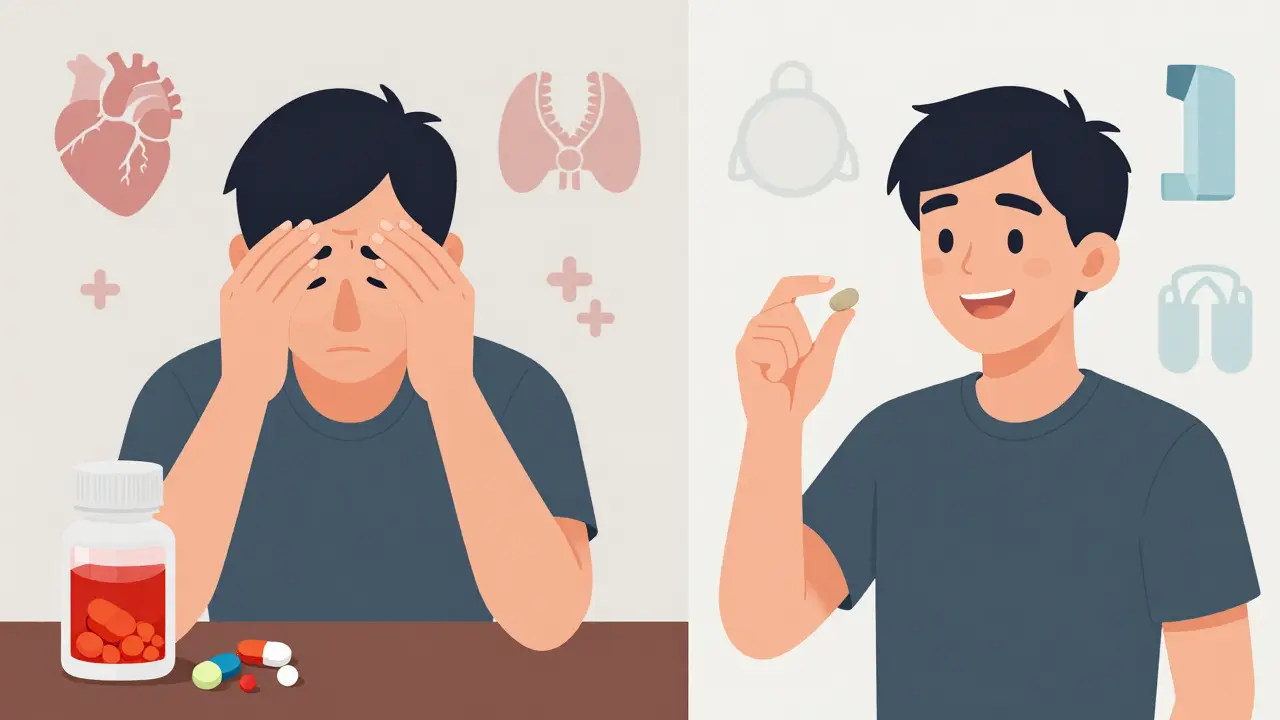 Paciente feliz con genérico autorizado al lado de otro con reacciones adversas, mostrando diferencias en ingredientes inactivos.