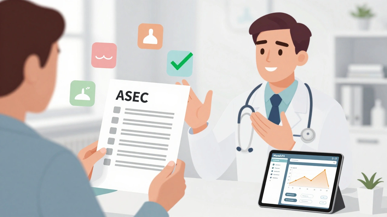 Paciente mostrando una lista de efectos secundarios a su médico en una consulta minimalista.