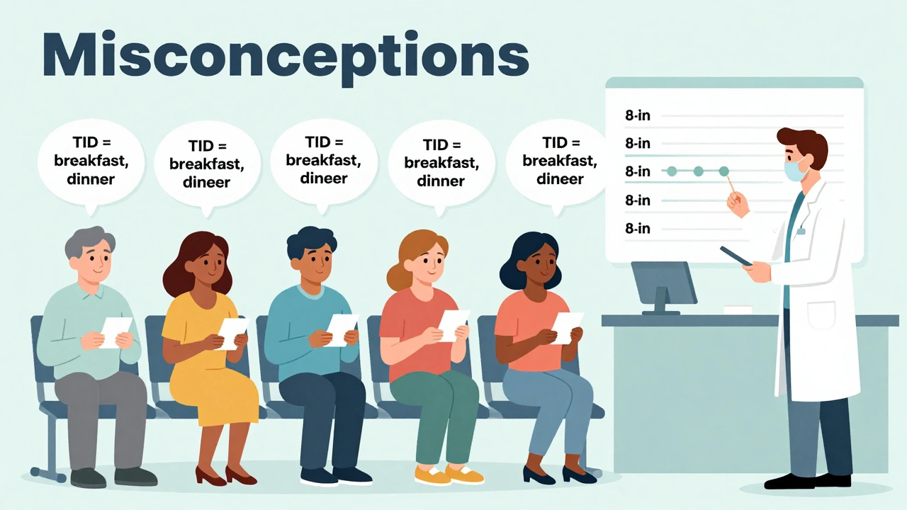 Pacientes en una farmacia con burbujas de pensamiento corregidas por un farmacéutico usando una línea de tiempo clara.