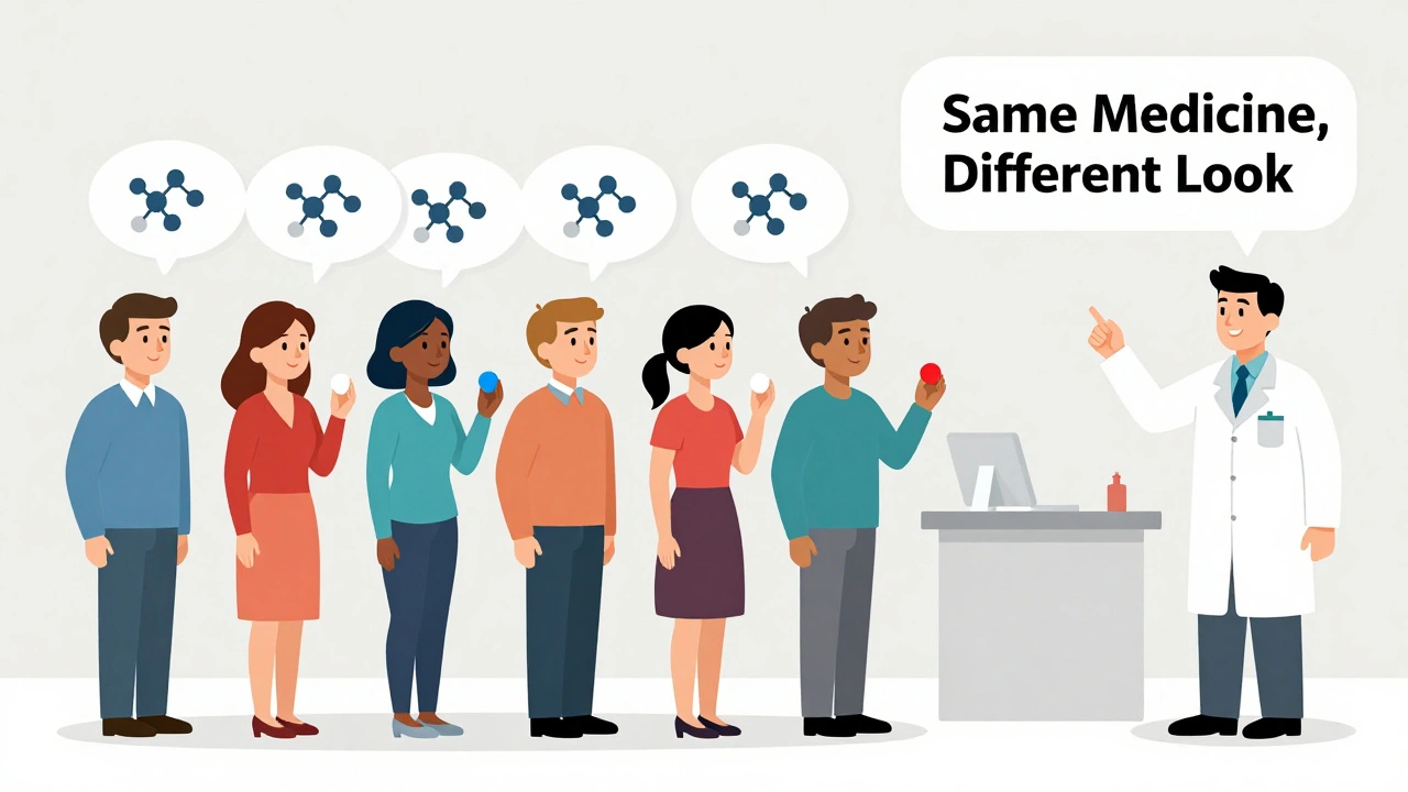 Pacientes en una fila de farmacia sostienen pastillas de distintos colores, con burbujas de pensamiento mostrando estructuras moleculares idénticas.