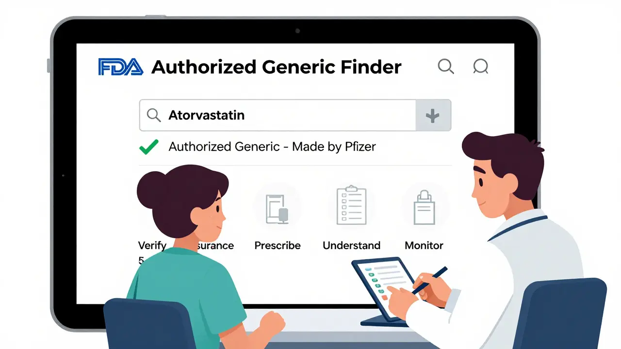 Pantalla de la herramienta FDA 'Authorized Generic Finder' con resultado verificado, revisada por paciente y médico en consulta.