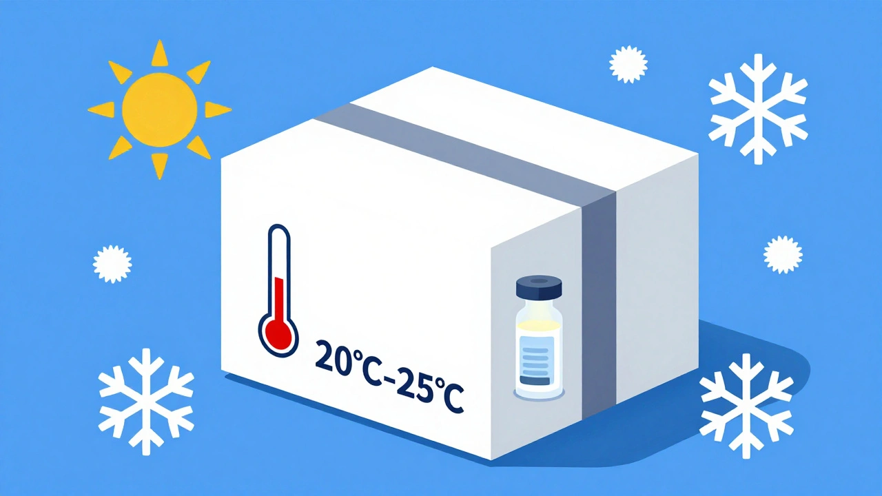 Paquete térmico de envío con indicador de temperatura protegiendo medicamentos sensibles en climas extremos.